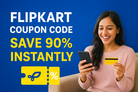 Happy Indian woman using Flipkart coupon code on smartphone while holding a yellow credit card — banner showing ‘Save 90% Instantly’ on a blue background with shopping and discount icons.
